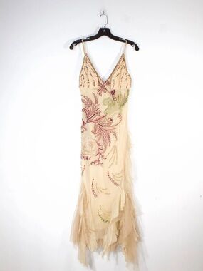 Cream Beaded Floral Maxi Slip Dress with Spaghetti Straps